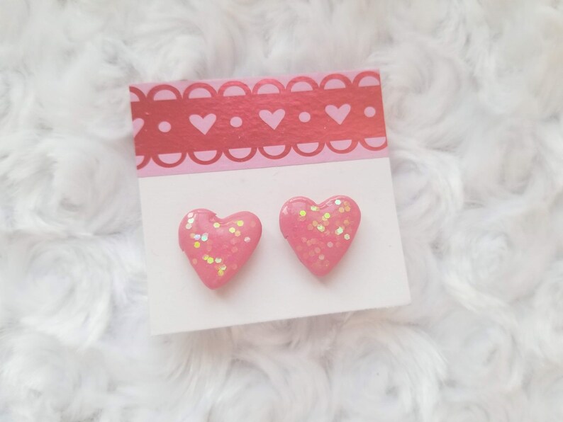Valentine/'s Day Pink Glitter Heart Earrings Sparkle Studs