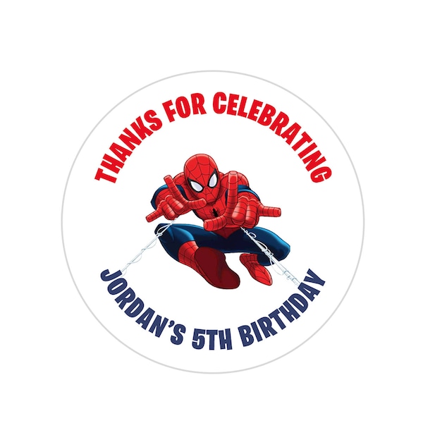 Spider Man Party Favor Stickers, Personalized Thank You, sets of 12 or more