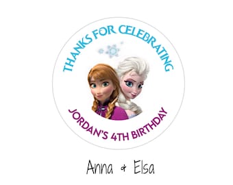 Frozen Party Favor Stickers, set of 12, Personalized Thank You, 2 styles, Anna & Elsa, Olaf