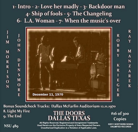 The Doors Live in Dallas Texas 1970 December 11th Limited # Cd