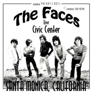 May include: Black and white photo of the rock band The Faces performing live at the Civic Center in Santa Monica, California on October 30, 1970.