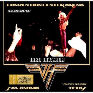May include: A concert poster featuring a live performance. The image shows a band member on stage with arms raised, and the audience's hands are visible. The poster includes the text "CONVENTION CENTER ARENA" and "AUGUST 27". The band's logo and a concert ticket are also displayed.