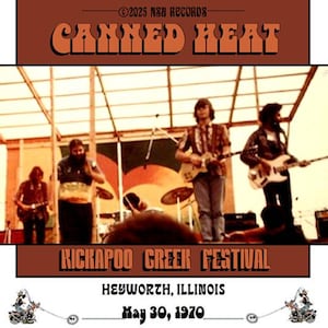 May include: A vintage concert poster for Canned Heat at the Kickapoo Creek Festival in Heyworth, Illinois, on May 30, 1970. The poster features the band performing on stage, with text in brown and orange.