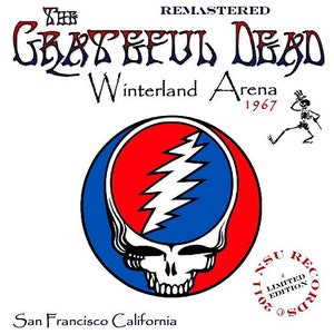 May include: A graphic featuring "The Grateful Dead" logo, a skull with a lightning bolt, set against a red and blue circle. Text includes "Winterland Arena 1967" and "San Francisco California". A skeleton figure is also present.