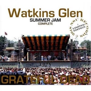 May include: A vintage album cover for the Watkins Glen Summer Jam Complete, a limited edition from 2015. The image shows a concert stage with a large crowd, the Grateful Dead band name, and the year 1973.