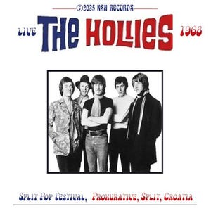 Puede incluir: Imagen en blanco y negro de la banda The Hollies. Los miembros de la banda están en un marco rectangular. Encima del marco está el texto "Live The Hollies 1968". Debajo del marco está el texto "Split Pop Festival, Prokurative, Split, Croatia".