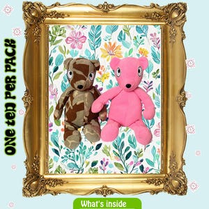 May include: A complete teddy bear sewing kit with a brown camouflage bear and a pink bear inside a gold frame. The kit includes teddy panels, needles, thread, stuffing, clips, eyes, nose, and instructions. Text on the image reads "COMPLETE teddy BEAR SEWING Kit".