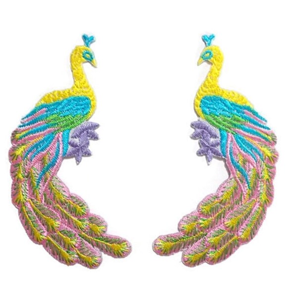 Small Peacock Embroidery Applique - Iron on Bird Motif Patch - Sew on - Fabric Craft - Yellow Neck - 2" x 4" - 1 pair (sp 2-2)