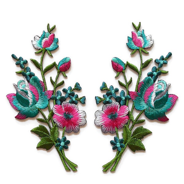 Iron on Flower Patch - Embroidery Floral Applique - Sew on - Sapphire, Pink, White - Small Ocean Green Flower - 6 x 11 cm - 1 pair (f/1-4)