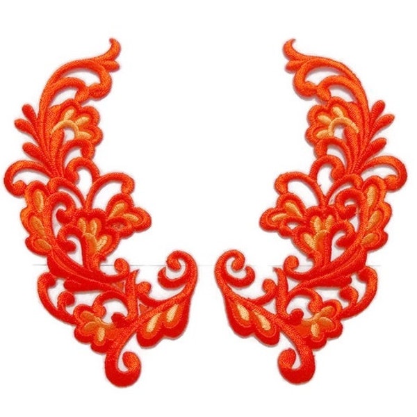 Decorative Fabric Applique - Iron on Patch - Art Flower Motif - Floral Embroidery - Bright Tiger Orange - 6 x 12 cm - 1 pair (F-119)