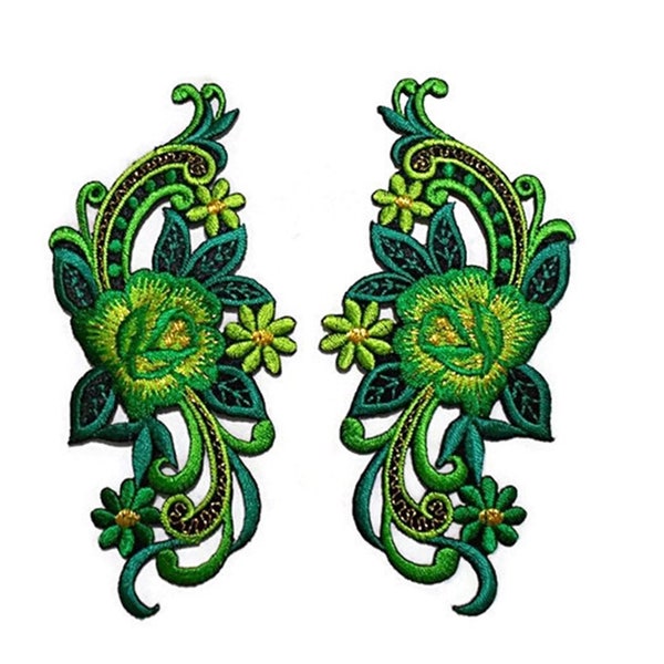 Emerald Green Floral Patch - Embroidery Iron on Flower Applique - Sew on - Glitter Gold - 5.5 x 12 cm - 1 pair (f/19-3)