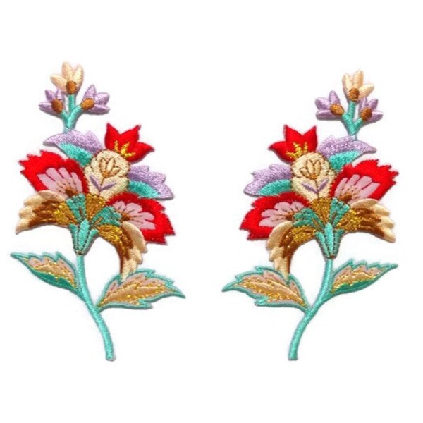 Flower Embroidered Patch - Floral Iron on, Sew on Applique - Red blooming - Fabric Decoration - Embellishment - 6.5 x 11 cm - 1 pair (F-379)