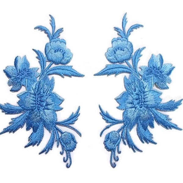 Decorative Floral Patch - Blue Flower Applique - Iron on, Sew on Patch - Embroidery - Fabric Embellishment - 3" x 5" - 1 pair (f/4-19)