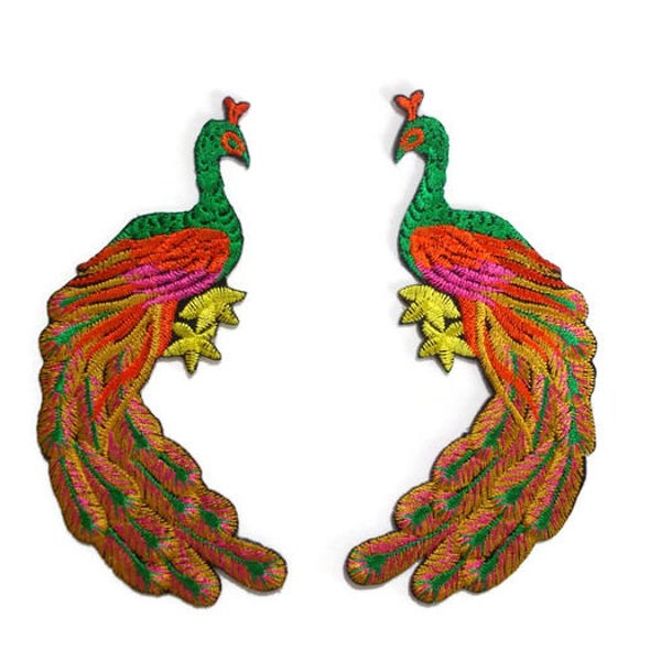 Iron on Peacock Bird Motif Embroidered Applique Patch - Sew on - Fabric Adhesive - Pine Green Neck - Orange Eyes - 2" x 4" - 1 pair (P-66)