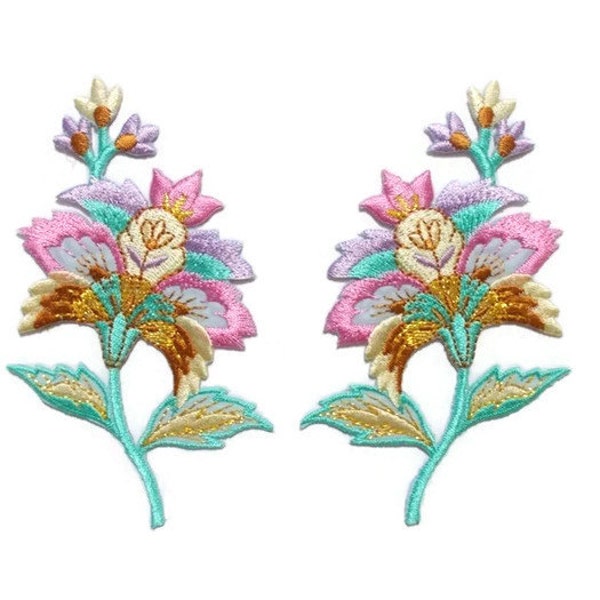 Decorative Applique Patch - Flower Motif - Floral Iron on / Sew on - Embroidery - Multi color / Pink Blossom - 6.5 x 11 cm - 1 pair (F-382)