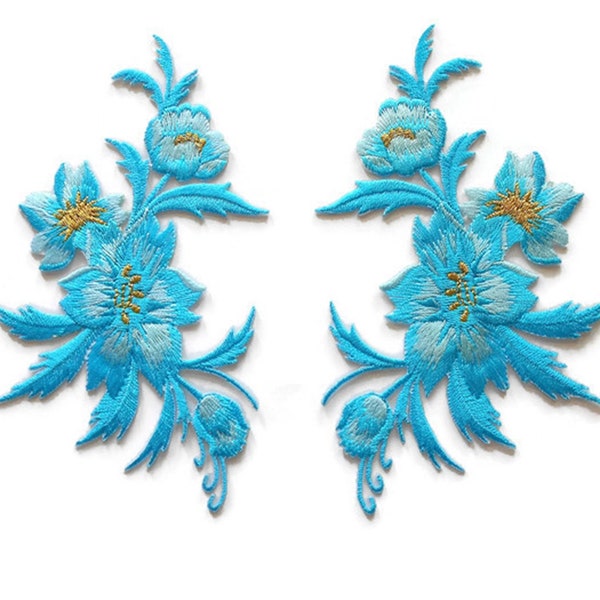 Bright Blue Flower Iron on Applique Patch - Embroidery Floral Motif - Sew on - Fabric Adhesive - 3" x 5" - 1 pair (f/4-10)