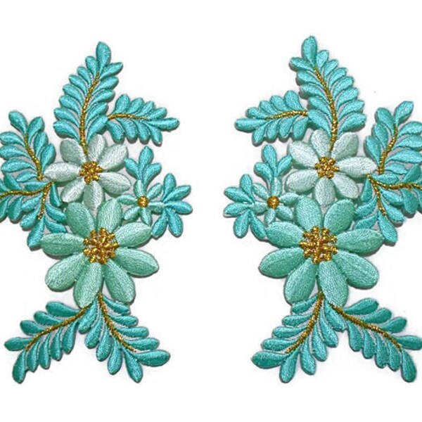 Green Mint Flower Embroidered Patch - Iron on / Sew on Floral Applique - Glitter Gold - Fabric Embellishment - 7.5 x 12 cm - 1 pair (f/10-3)