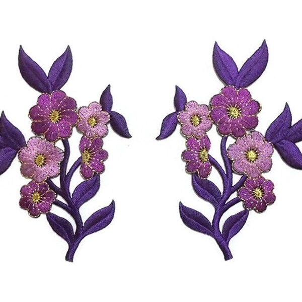 Floral Embroidered Patch - Iron on Flower Applique - Sew on - Violet Purple, Glitter Gold - Embellish Fabric - 3" x 4.5" - 1 pair (F-541)