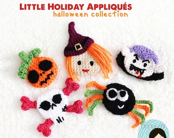 May include: Five crocheted Halloween appliques: a witch, a vampire, a pumpkin, a spider, and a skull and crossbones. The appliques are made with various colors of yarn, including orange, black, white, green, and purple.