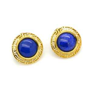 Lapis lazuli Gold Earrings, Round Earrings, Stud Lapis Earrings, 14K Solid Gold Earrings, Yellow Gold Stud, Meander Earrings, Greek Key
