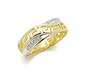 Micro Pave Diamond 14k Gold Ring, Greek Key Band, Handmade Jewelry