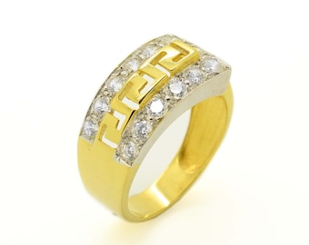 14k Gold Pave Ring, Greek Key Design, Handmade in Greece