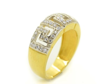 14k Yellow Gold Greek Key Ring, Cubic Zirconia Pave Eternity Band
