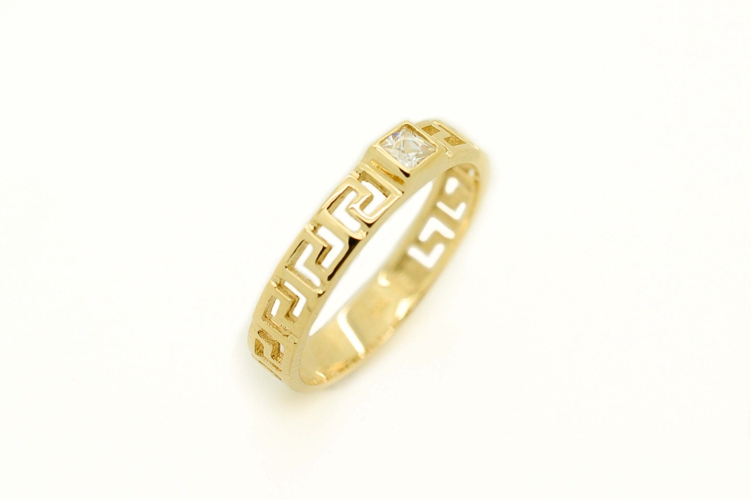 Greek Key Gold Ring Greek Gold Jewelry 14K Solid Gold High Quality Gold Ring Princess Cut Yellow Ring Cubic Zirconia Engagement Greece Etsy