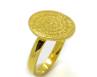 14k Gold Phaistos Disc Ring, Minoan Knossos Ring, Ancient Greek Replica