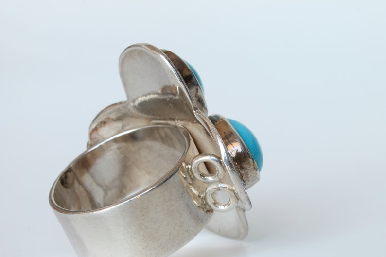 Unique piece Silver Band Ring with Turquoises Maxi ring with flowerethnic design No nickel Original design Handmade