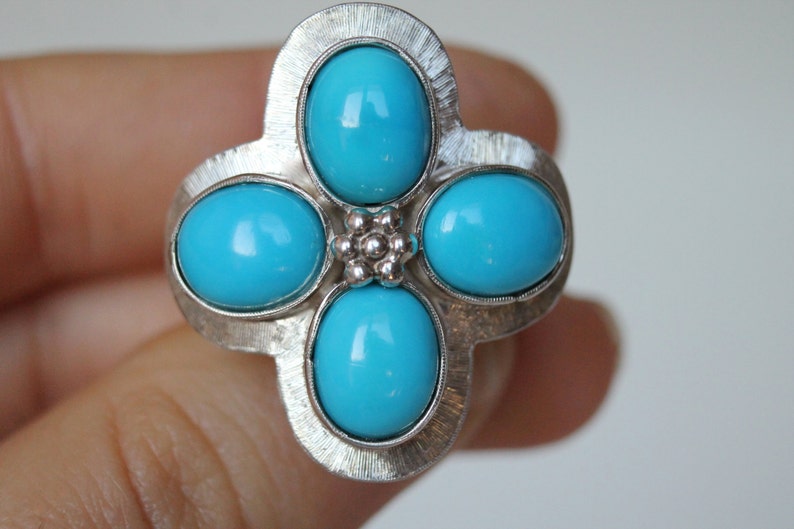 Unique piece Silver Band Ring with Turquoises Maxi ring with flowerethnic design No nickel Original design Handmade