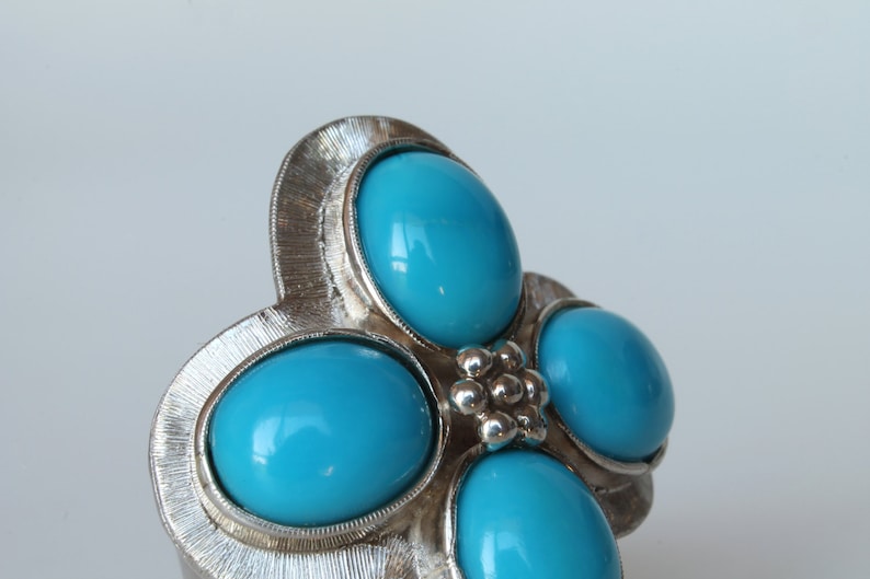Unique piece Silver Band Ring with Turquoises Maxi ring with flowerethnic design No nickel Original design Handmade