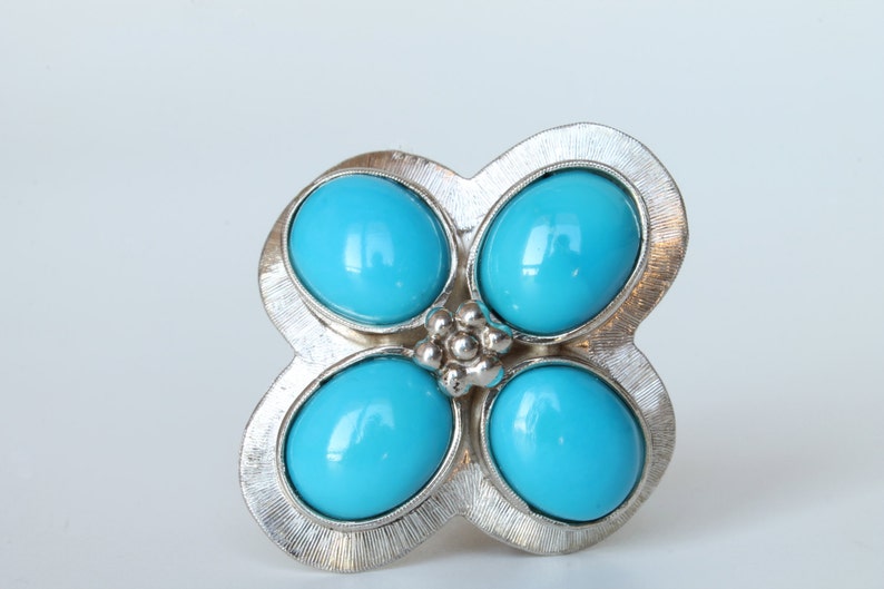 Unique piece Silver Band Ring with Turquoises Maxi ring with flowerethnic design No nickel Original design Handmade