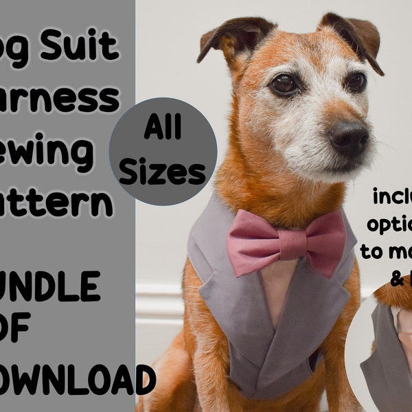 Dog Suit Harness Sewing Pattern, bundle - Sizes XS-XL, Dog Tuxedo DIY tutorial, Dog wedding attire, puppy clothes pattern