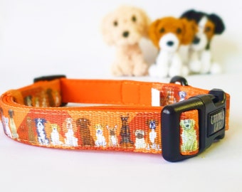 Oranje halsband, halsband met print, cartoon halsband, unieke halsband, schattige huisdierhalsband, halsband met honden erop, halsband met hondenprint