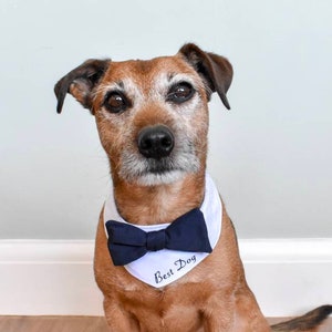 Custom wedding dog outfit, personalised dog, Dog wedding attire, best dog bandana, Dog bow tie, pet wedding guest, Navy and white