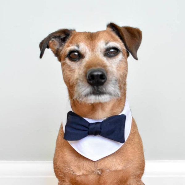 Dog wedding attire Dog bow tie. Dog Wedding bandana Dog Outfit. Dog  bandana. Dog collar. Dog tuxedo. White & Navy Dog Collar Dog costume.