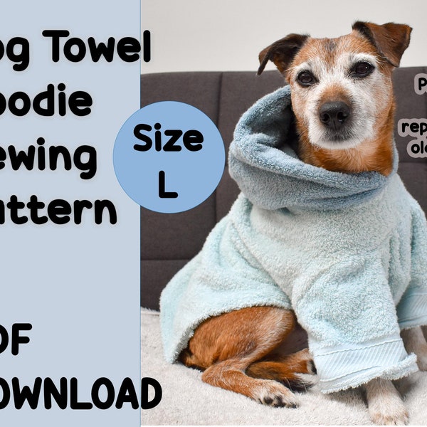 Dog Hoodie Pattern, Size LARGE, puppy clothing sew tutorial, PDF sewing pattern, dog towel robe, pet drying coat, upcycled dog jumper