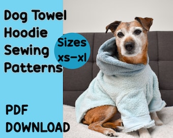 Dog Hoodie Pattern Bundle, puppy clothing sew tutorial, PDF sewing pattern, dog towel robe, pet drying coat, upcycled dog jumper, XS-XL