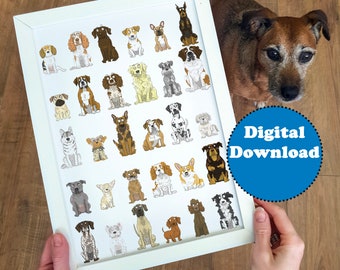 Hunderassen Wandkunst, digitaler Download, Hund Poster, Cartoon Hund Poster, Hundebesitzer Geschenke, Hundemama, süße Hundekunst, lustiger Hundedruck, druckbare Kunst