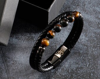 Black Leather Tiger Eye Beaded Bracelet for Men | Braided Leather Bracelet Gift for Man Husband Son