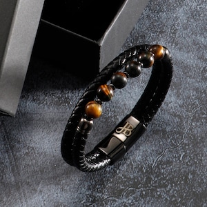 Black Leather Tiger Eye Beaded Bracelet for Men | Braided Leather Bracelet Gift for Man Husband Son