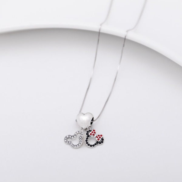 Mickey Minnie Silver Charm Necklace | Friendship Necklace | Mickey and Minnie Mouse Disney Pendant Necklace