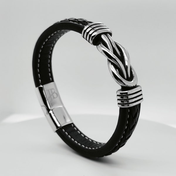 Bracelet en cuir pour homme en cuir noir Noeud infini - Fermoir magnétique en acier inoxydable - Cadeau pour papa petit ami mari - Nouveau design