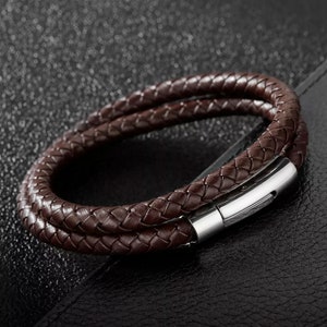 Braided Genuine Leather Bracelet Men with Stainless Steel Buckle