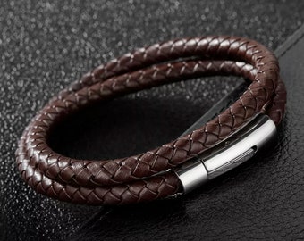 Men's Genuine Braided Brown Leather Bracelet with Stainless Steel Buckle, Long 41cm Size, and Luxury Gift Box Packaging