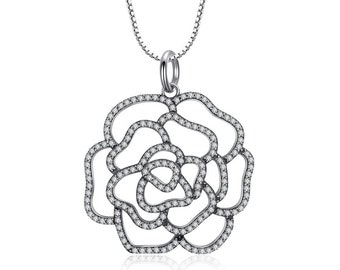 Silber schimmernde Rose Anhänger Halskette, Zarter Silberschmuck