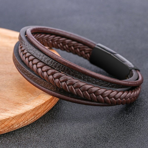 Bracelets en cuir multicouches pour homme en noir et marron - Cadeau pour lui, papa, mari, petit ami - Accessoires élégants pour homme