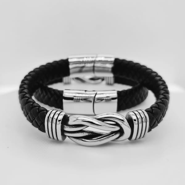 Infinity Braided Black Leather Bracelet for Men -  Gift for Dad Husband Boyfriend - Leather Accessories for Man
