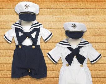 Baby to Little Boys Nautical Marine Sailor 5 piece Suit, Shorts, Cap, Suspender, Crossover Tie, Shirt, Birthday Party, 10% Sales